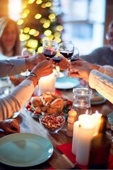 Mehrere Menschen stoßen mit Wein in Gläsern an 